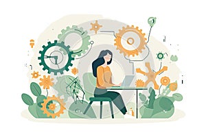 Freelance woman working on laptop at home. remote work concept. Flat vector illustration AI generated