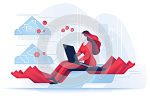 Freelance woman working on laptop at home. remote work concept. Flat vector illustration AI generated