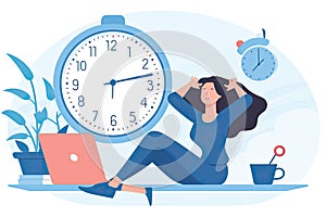 Freelance woman working on laptop at home. remote work concept. Flat vector illustration AI generated