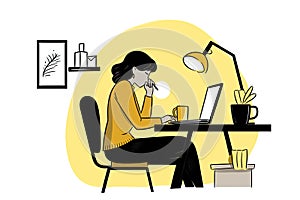 Freelance woman working on laptop at home. remote work concept. Flat vector illustration AI generated