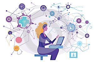 Freelance woman working on laptop at home. remote work concept. Flat vector illustration AI generated