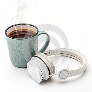 Freelance composition with hot drink and headphones isolated on white background