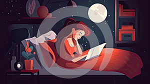 Freelance work isometric composition with woman working on laptop on bed