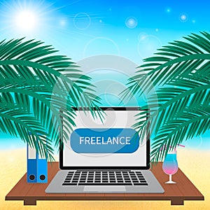 Freelance work vector illustration. Laptop and glass of cocktail on tropical beach. Distant office concept. Working on holidays.