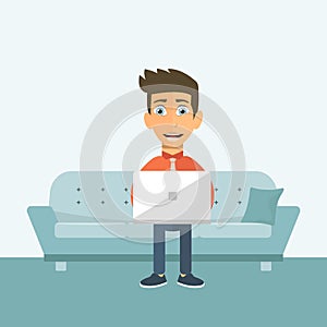 Freelance worker sitting on sofa with lap top. Workplace concept. Flat vector