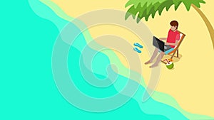 Freelance workplace on tropical beach paradise animated concept.