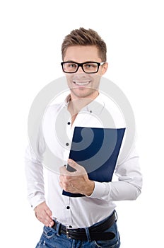 Freelance. Young man working and study.  Young attractive student.