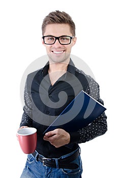 Freelance. Young man working and study.  Young attractive student.