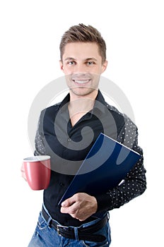 Freelance. Young man working and study.  Young attractive student.