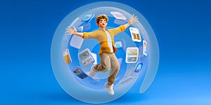 Freelancer Efficiently Working Inside Floating Digital App Coworking Bubble Environment