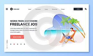 Freelancer entrepreneur works on laptop on beach. Vector illustration. Online work on vacation and freelance concept