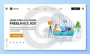 Freelancer entrepreneur works on laptop at home. Vector illustration. Remote online job, freelance work concept