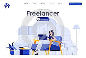 Freelancer flat landing page design. Young woman working with laptop in comfortable conditions at home scene with header. Remote