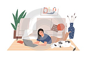 Freelancer girl working remotely lying on floor at cozy living room vector flat illustration. Modern female relaxing