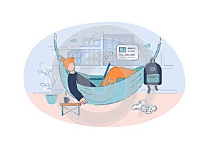 Freelancer in hammock semi flat vector illustration