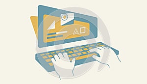 Freelancer hands typing computer keyboard analyzing data