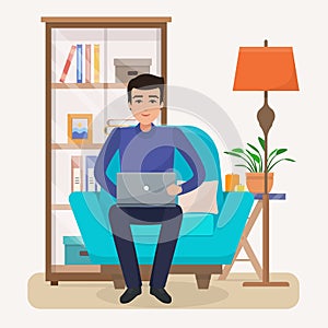 Freelancer man with computer on chair