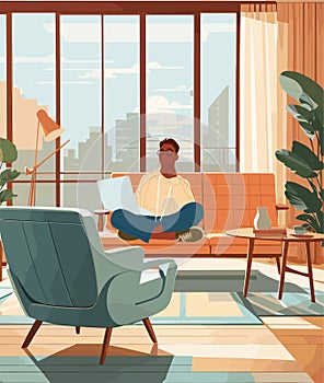 Freelancer man with laptop in comfortable room.