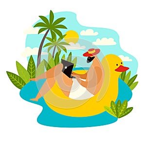 Freelancer man with laptop working on pool vector illustration