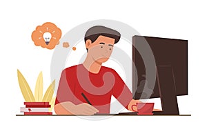 Freelancer Man Thinking Idea and Working at Home Concept Illustration
