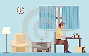 Freelancer man working on computer at home in flat icon design background