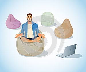 Freelancer Meditating in Bag Chair Cartoon Vector