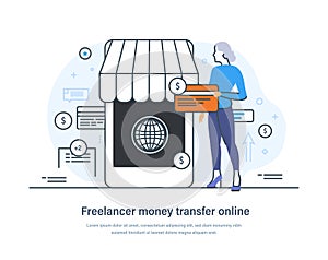 Freelancer money transfer online, e-commerce web banner template. Online work and salary payment online app web page. Woman