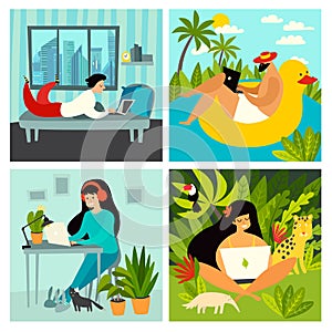 Freelancer people vector collection. Digital nomad characters, home office and tropical workplace