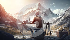 Freelancer sits at table and works with laptop, beautiful outdoor nature landscape with mountains