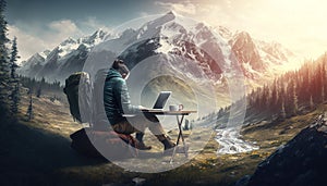 Freelancer sits at table and works with laptop, beautiful outdoor nature landscape with mountains