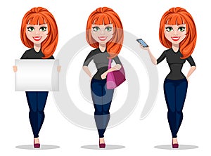 Freelancer woman cartoon character, set of three poses