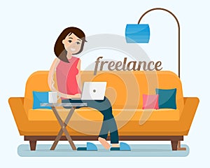 Freelancer woman with computer on sofa