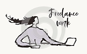 Freelancer woman laptop computer hand drawn vector