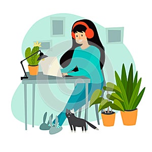 Freelancer woman with laptop working at home vector illustration