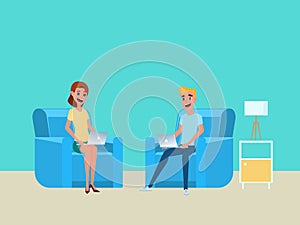 Freelancer work at home concept. Man and woman working at home with laptop on sofa.