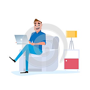 Freelancer work at home concept. Man working at home with laptop on sofa. photo