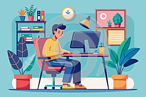 Freelancer working on computer at home surrounded by plants in a cozy and modern workspace during daytime
