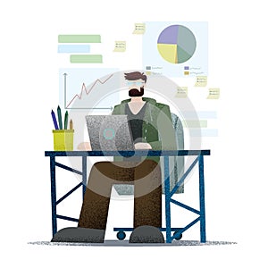 Freelancer working at computer, profession illustration, flat design, vector particles