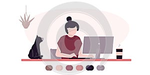 Freelancer working at computer. Woman sits at desktop and works. Concept of remote work and freelance. Cat sitting on