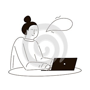 Freelancer working at computer. Woman sits at desktop and works. Concept of remote work and freelance. Home office. Cozy