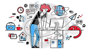 Freelancer working from home vector outline illustration, self-employed person busy with online work, professional doing some