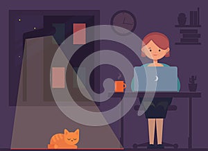 Freelancer working at night. Remote work. Young woman sitting in the room with cat and laptop, surfing internet or networking.