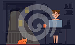 Freelancer working at night. Remote work. Young woman sitting in the room with cat and laptop, surfing internet or networking.