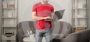 freelancer writing online. guy using laptop for blogging. social network and weblog.
