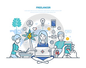 Freelancers, remote work. Workplace of freelancer, equipment, technical equipment, workspace.