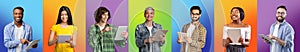 Freelancing. Group Of Multiethnic People With Digital Tablets Posing Over Colorful Backgrounds