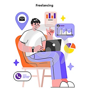 Freelancing. Male character working remotely through the internet