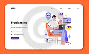 Freelancing web banner or landing page. Male character working