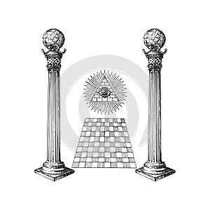 Freemasonry Columns and Eye of Providence concept.