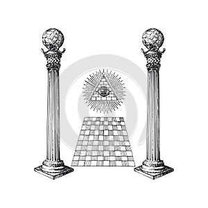 Freemasonry Columns and Eye of Providence concept. photo